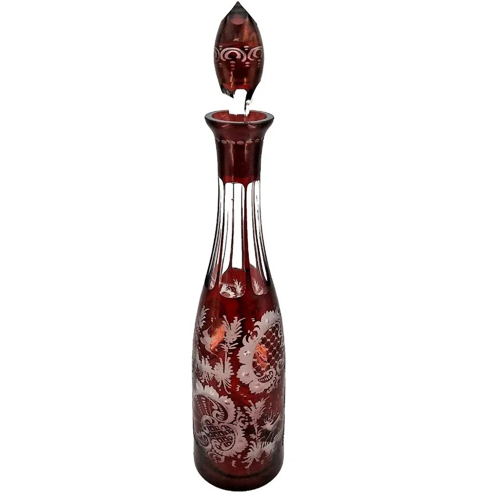 Czechoslovakia 15" Decanter Christmas Holiday Cranberry Red Crystal Cut to clear - Picture 2 of 10
